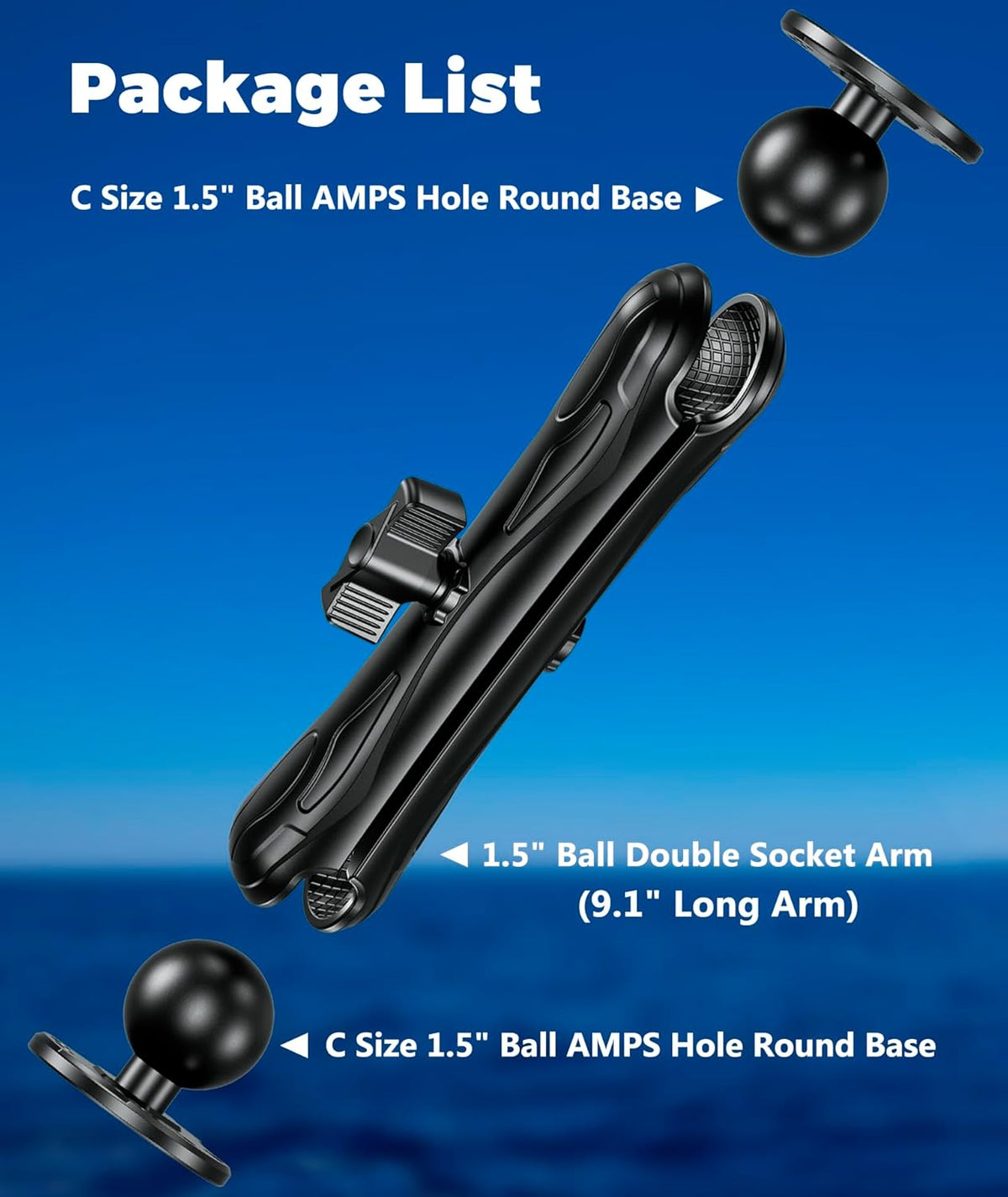 Aluminum Alloy Fish Finder Mount with 1.5" Ball AMPS Hole Round Plates, 9.1" Long Arm Marine Electronic Mount Tablet Holder for Garmin, Lowrance, Humminbird, Raymarine and More