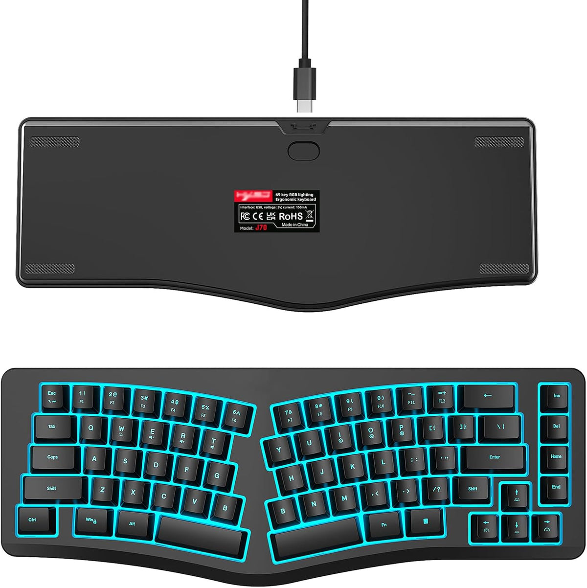 HXMJ Cable,69 -Wired Ergonomic Gaming Keyboard,Mechanical Feel,Detachable USB Keys,RGB Backlit-Black