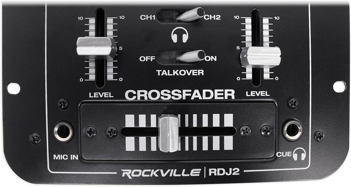Rockville RDJ2 2-Channel DJ Mixer USB Playback, Cue Monitor, Talkover, 4 Line Inputs, Compact, Portable, for Beginner DJs and Small Events