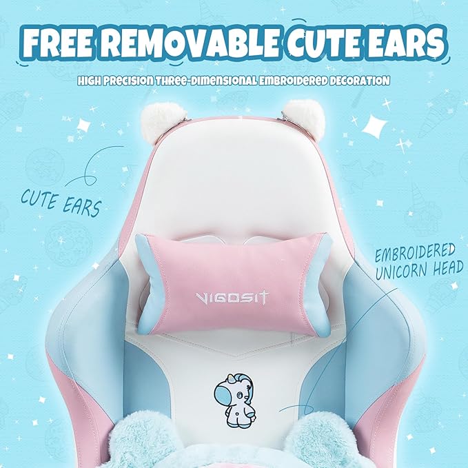 Cute Cat Ears Gaming Chair Girly Ergonomic Computer Chair with High Back 360° Swivel Office Computer Chair with Footrest and Paw Lumbar Cushion for Teens Girls Women (Pink Blue)