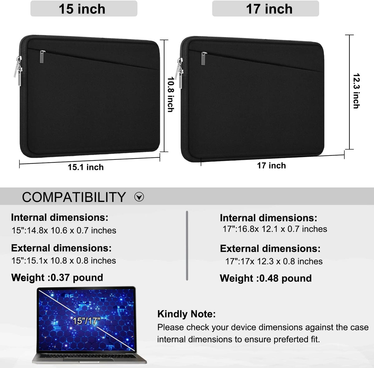 Laptop Sleeve Case 17 inch, Durable Computer Carrying Bag Protective Case Briefcase Handbag with Front Pocket, Slim Laptop Cover for 17-17.3 Inch HP, Dell, Lenovo, Asus, Notebook, Black