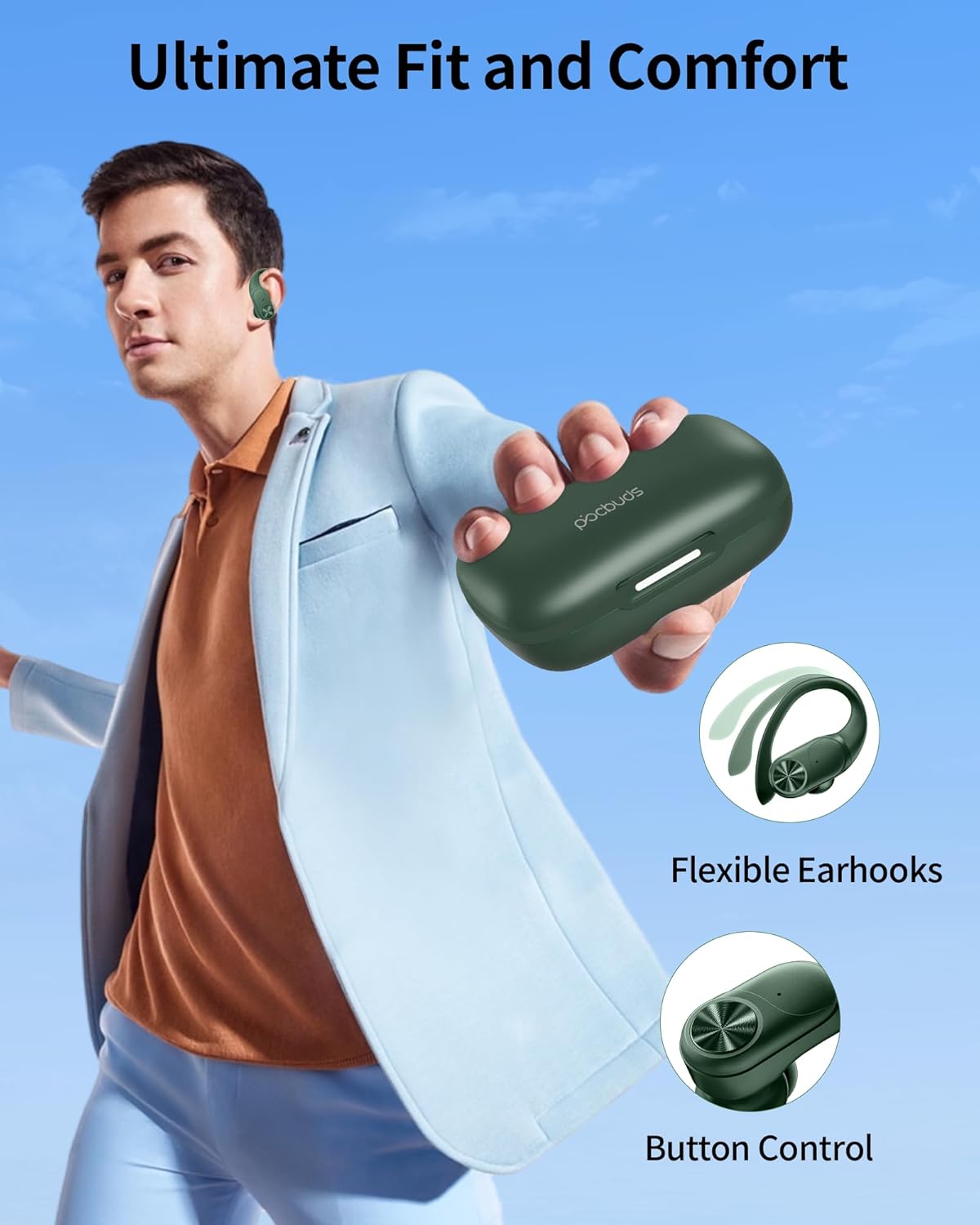 PocBuds Bluetooth Headphones Wireless Earbuds 80hrs Playtime Wireless Charging Case Digital Display Sports Ear Buds with Earhook Deep Bass IPX7 Waterproof Over-Ear Earphones for TV Phone Laptop Olive