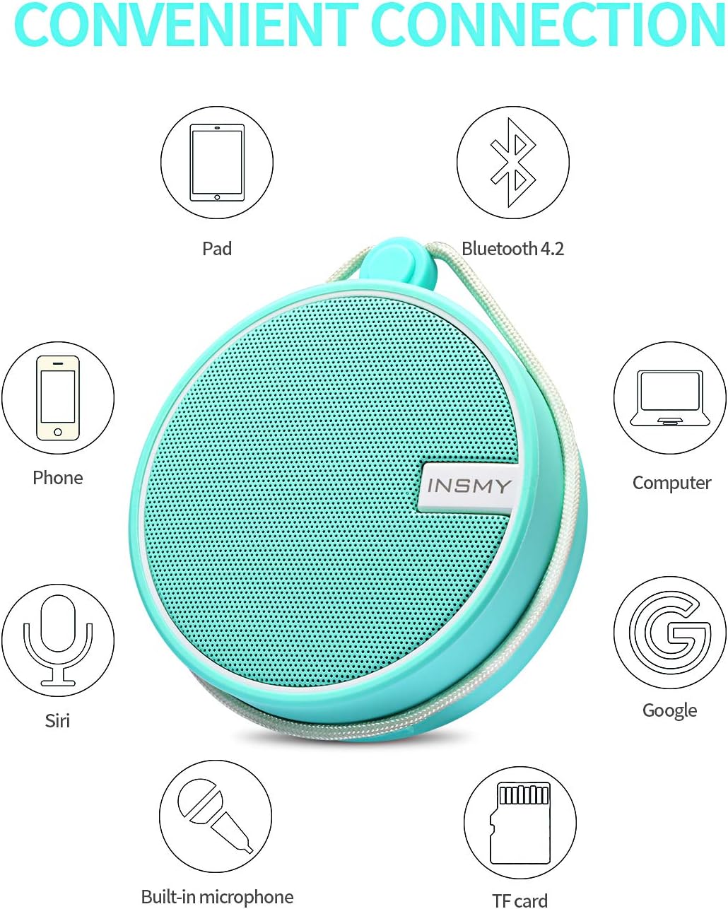 INSMY C12 IPX7 Waterproof Shower Bluetooth Speaker, Portable Small Speaker, Speakers Bluetooth Wireless Loud Clear Sound Support TF Card Suction Cup for Outdoor Kayak Canoe Beach Gift (Mint)