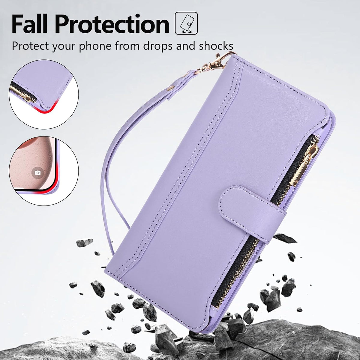 Compatible with iPhone 13 Pro Max Wallet Phone Case-PU Leather Magnetic Flip Cover with Credit Card Slots,Zipper Pocket & Detachable Wrist Strap,Shockproof Design,for Women and Men-Purple