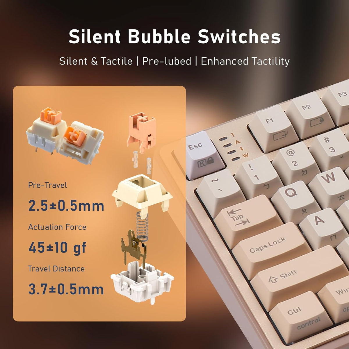 iRocks K85R Wireless RGB Backlit Mechanical Gaming Keyboard with LCD Display, Hot-Swappable Pre-lubed Switches, 98 PBT Keys, USB-C Detachable Cable (Light Golden, Silent Bubble Switch)