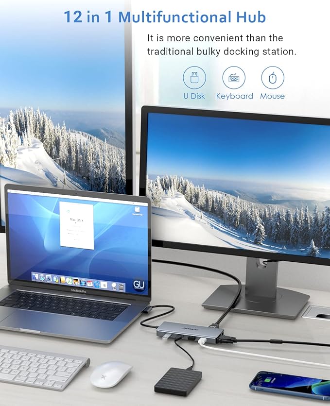 USB C Hub SUTOUG 12 in 1 Docking Station with 4K HDMI & 1080P VGA 92W PD 1Gbps Ethernet USB-C 3.0 & 4 USB-A Data Ports SD TF Card Reader USB C Adapter for Surface Pro MacBook Pro Air &am