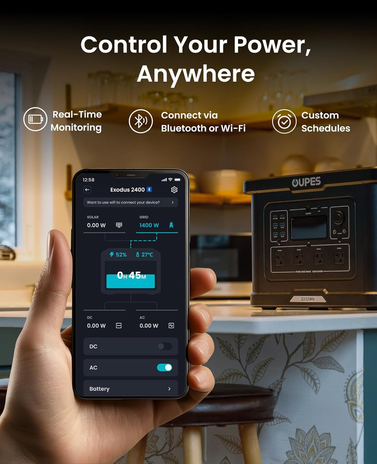 OUPES Exodus 2400 Solar Generator with 2x240W Panels, 2400W/2232Wh Portable Power Station with APP Control & UPS for RV, Home Backup, Professional Outdoor Use