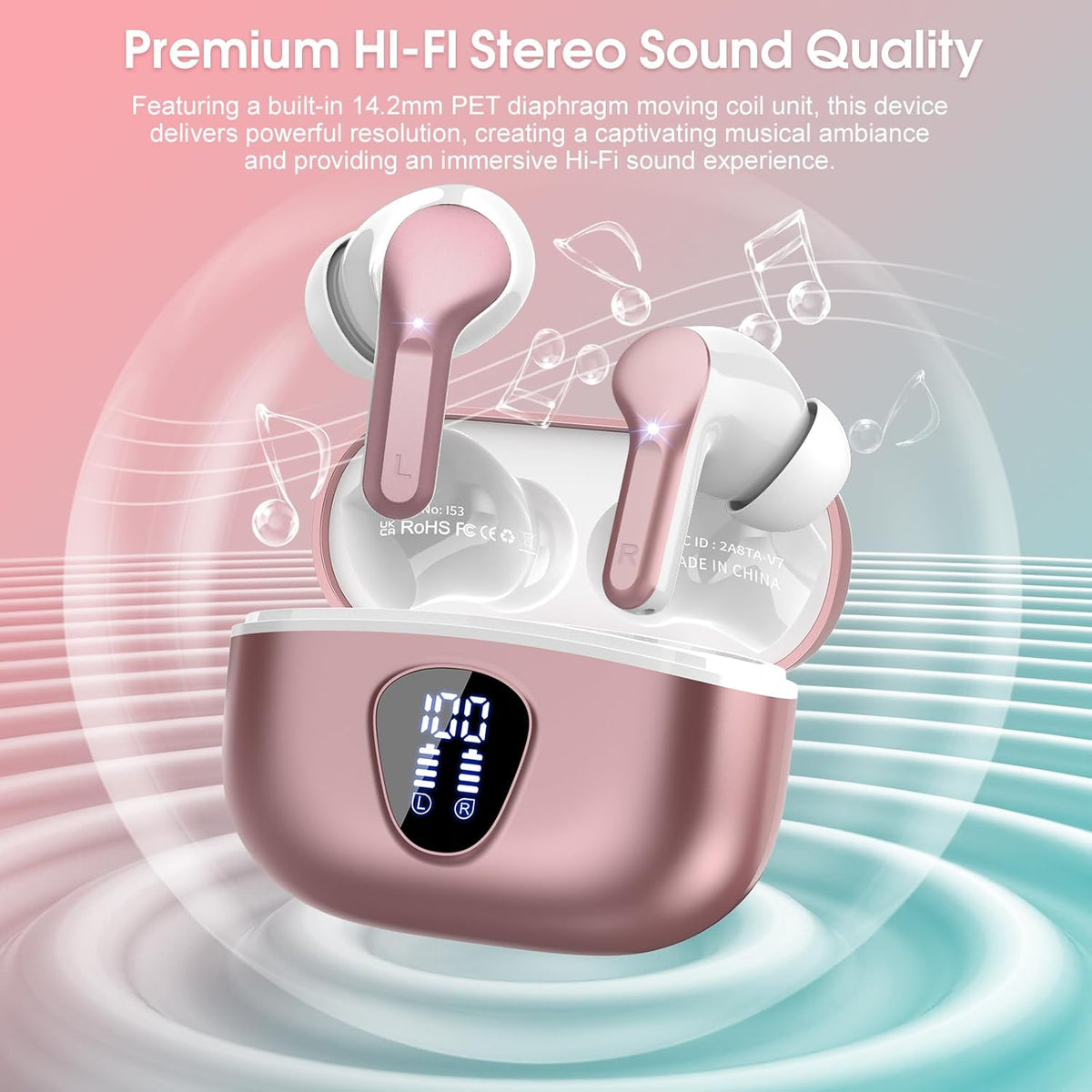 Wireless Earbuds, Bluetooth 5.4 Headphones HiFi Stereo, Bluetooth Earbuds with ENC Noise Cancelling Mic, IP7 Waterproof in Ear Earphones, 48H, LED Display Ear Buds for Pad Workout Sports, Rose Gold
