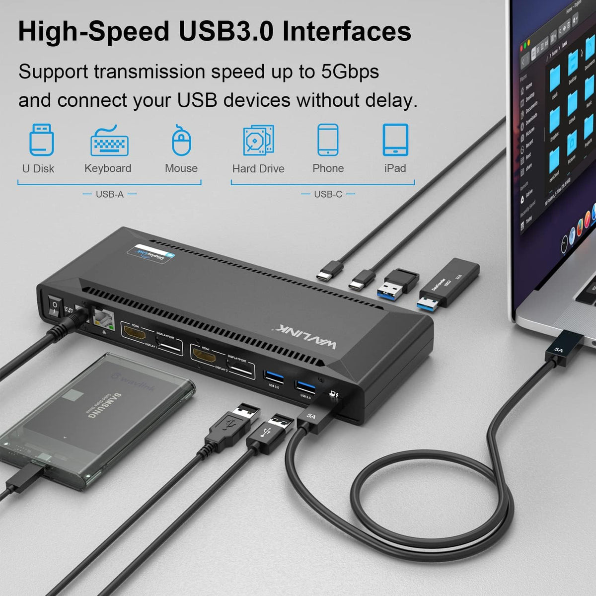 WAVLINK Universal USB C Laptop Docking Station Dual Monitors 5K/4K@60Hz with 65W Host Charging for Thunderbolt 4/3, USB-C Windows, Mac, Chrome, Ubuntu 20.04,22.04(2HDMI, 2DP, 6USB 3.0, 1Gbps Ethernet