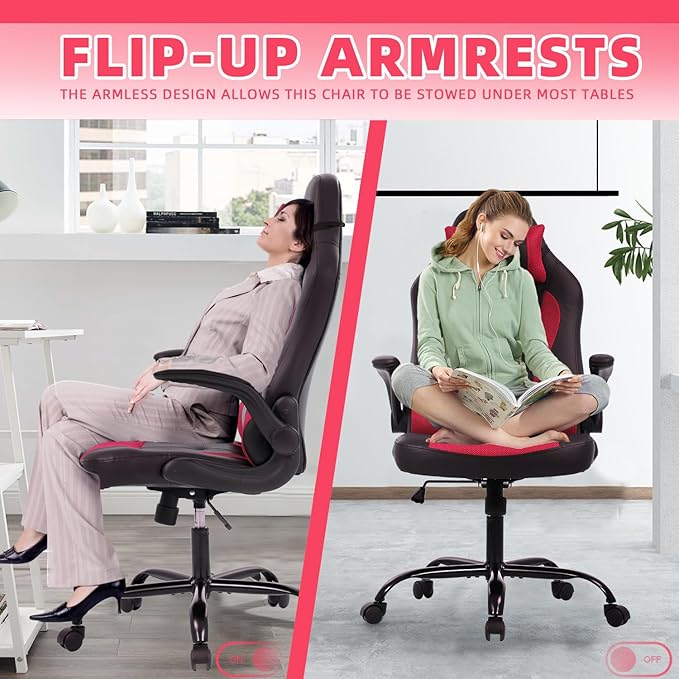 Video Gaming ChairErgonomic Computer Office Desk Chair with Lumbar Support Flip Up Arms Adjustable Height Swivel PU Leather Executive with Wheels for Kids Adults Women Men Gaming Home Office(Red)