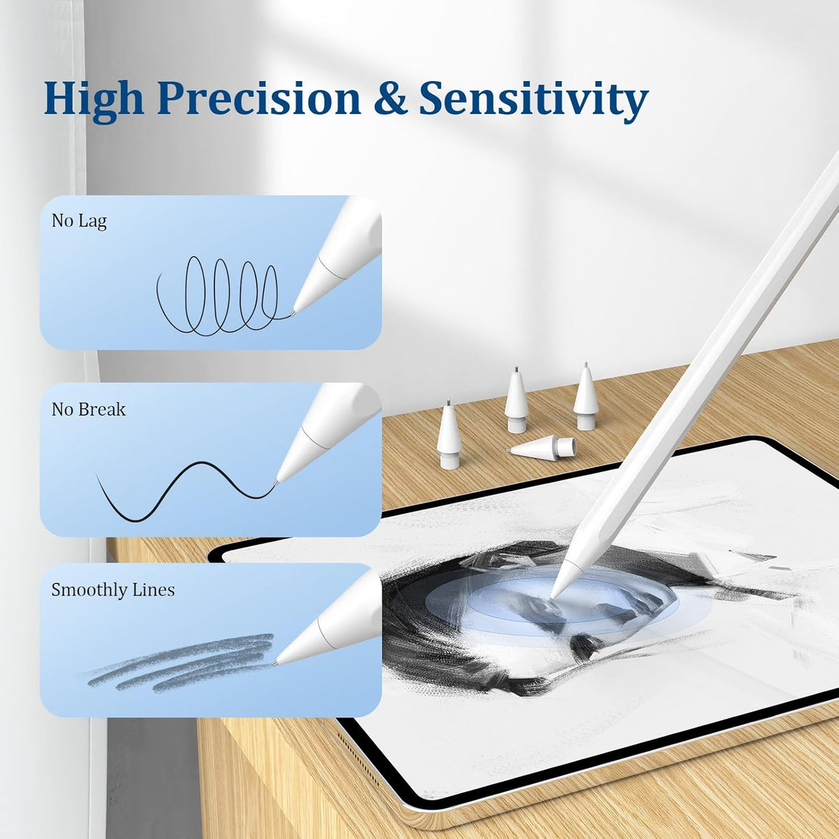 Replacement Tips for Apple Pencil 1st/2nd Gen,No Wear Out Upgraded Apple Pencil Tips,Metal Pencil Nibs for Precise Control - Pen Like 0.78mm Longer Tips for iPad Pencil - 4 Pack White