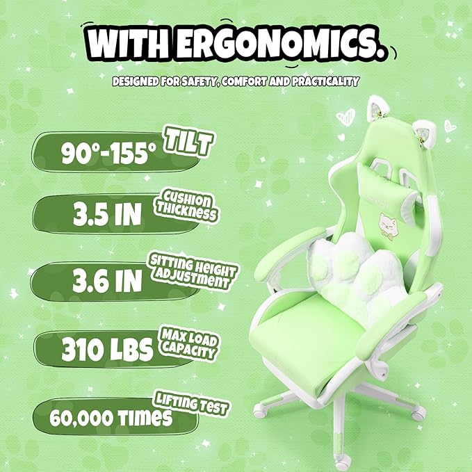 Cute Cat Ears Gaming Chair for Women Girls - Ergonomic PU Leather Office Chair with Footrest cat paw Pillow 360° Swivel Recliner Green