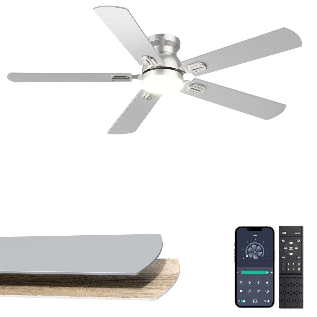 Phylluz 52 Flush Mount Ceiling Fan with Lights, Silver Low Profile Ceiling Fan for Low Ceilings, Quiet Modern Ceiling Fan for