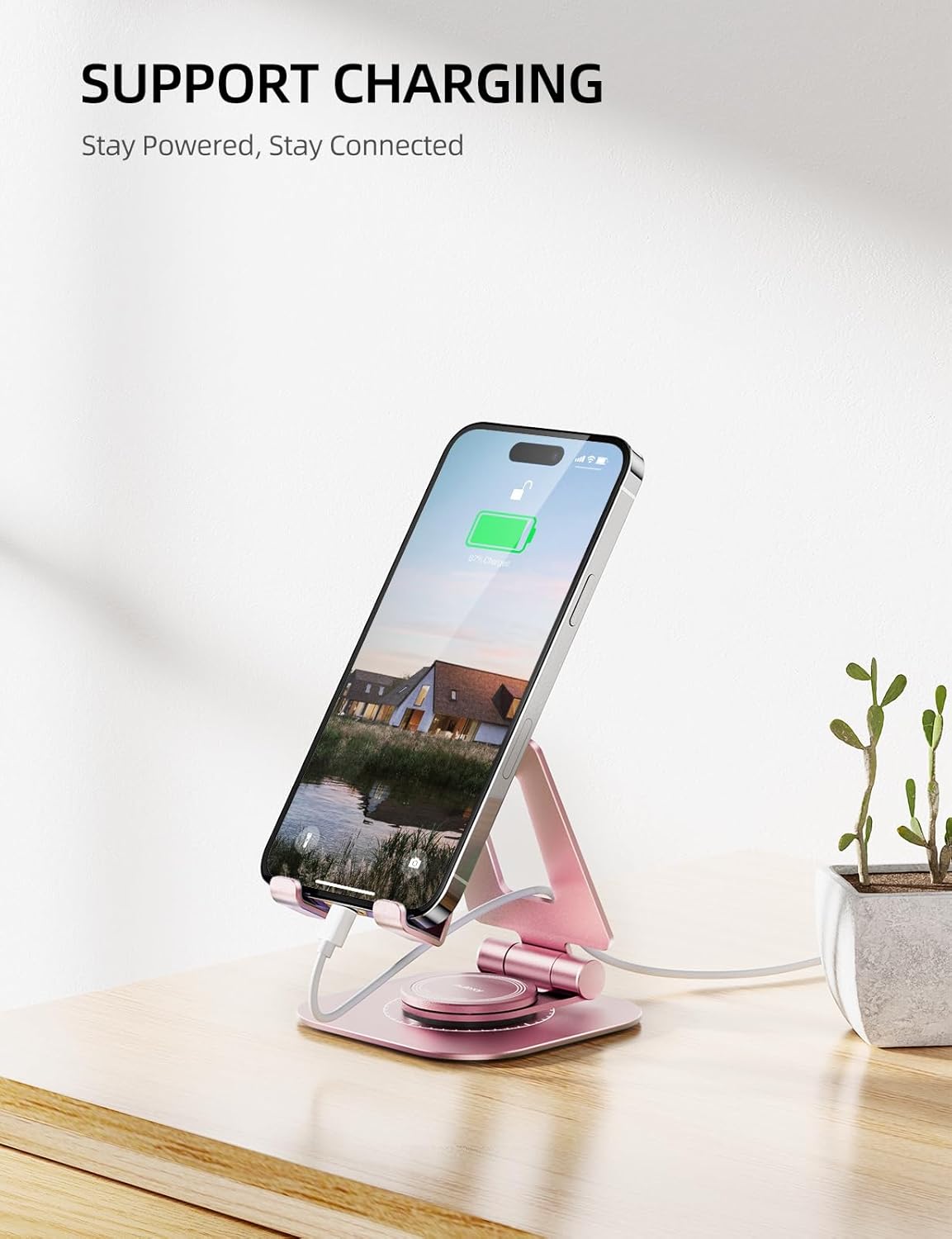 Nulaxy Rotatable Cell Phone Stand, Fully Adjustable Foldable Desktop Phone Holder Cradle Dock, Thick Case Friendly, Compatible with All Phones, Nintendo Switch, Rose Gold