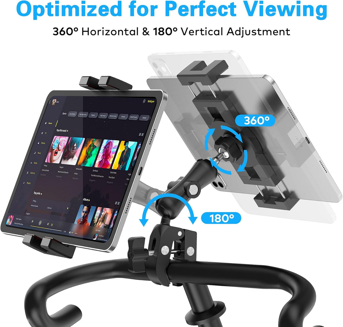 Treadmill Tablet iPad Holder, Aluminum Indoor Exercise Bike Handlebar Mount Clamp for Stationary Elliptical Bicycle Peloton Spin Bike Stroller, Compatible with 4.7"-12.9" Tablets/iPad/Phones