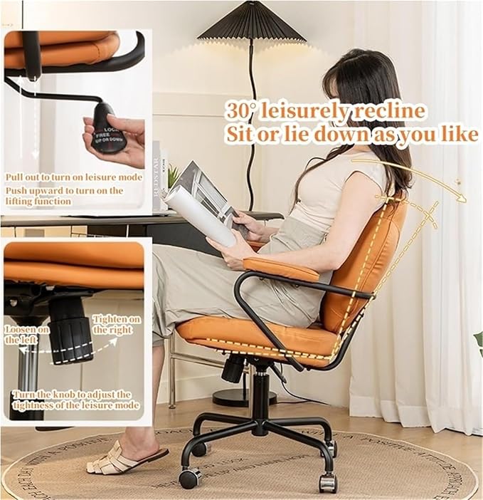 PU Leather Computer Chair Ergonomic Office Chair Swivel Rolling Desk Stool with Armrests Adjustable Study & Gaming Chair for Home Solid Construction(White)