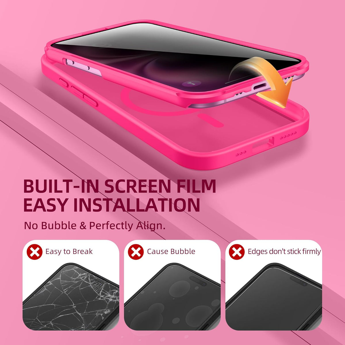 BERFY Magnetic for iPhone 16 Plus Case, Compatible with MagSafe, Built-in Privacy Screen Protector and Upgraded Camera Protection, Anti-Spy Full Body Shockproof Phone Case for 16 Plus 6.7", Hot Pink
