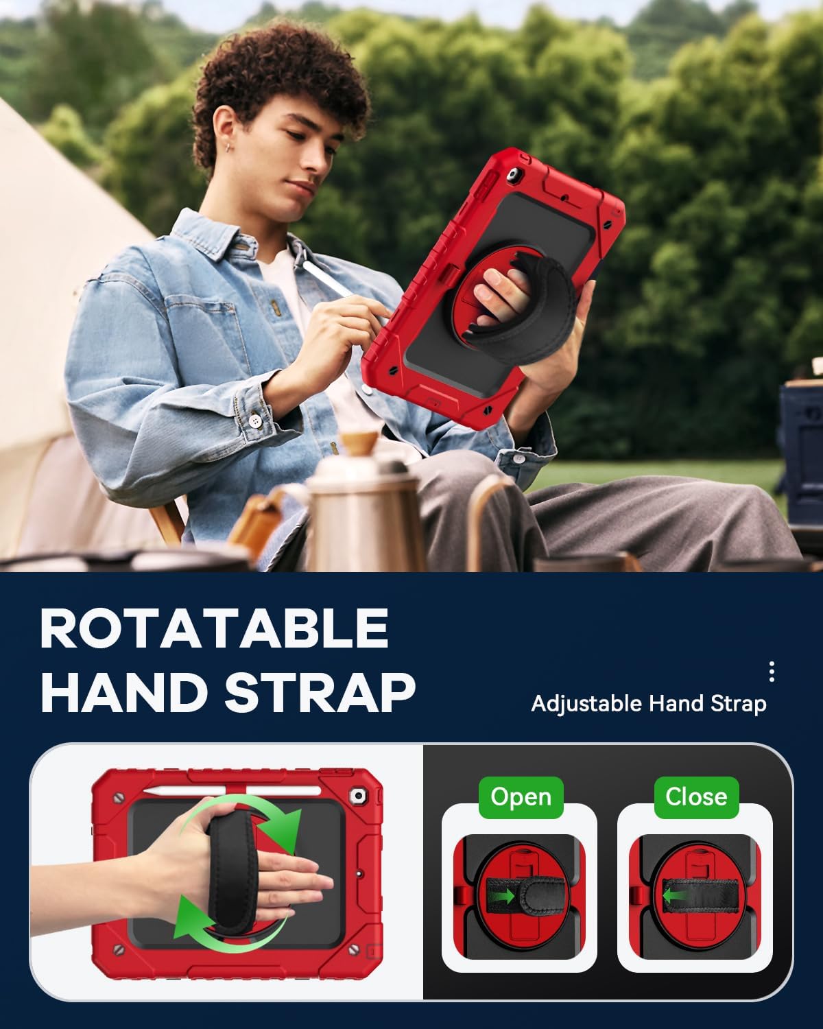 Cantis Case for iPad 9th/8th/7th Generation with Screen Protector, iPad 10.2 Case 2021/2020/2019 with 360 Degree Rotating Stand/Shoulder Strap/Pencil Holder, Red