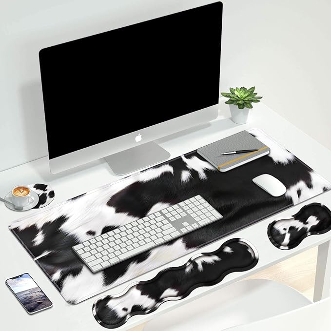 4 in 1 Ergonomic Keyboard Wrist Rest & Mouse Pad Wrist Rest Set Large XXL Gaming Desk Mat 31.5x 11.8 with Non-Slip Base Memory Foam for Home Office Study Gaming Black and White Cow Print