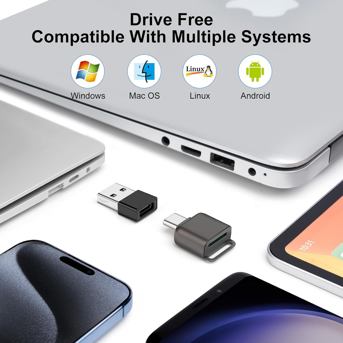 Micro SD Card Reader, BORLTER CLAMP TF Card Reader USB C 3.0 to TF/Micro SD with Type C to Type A Adapter for MacBook, Laptop, Android Phone, Grey