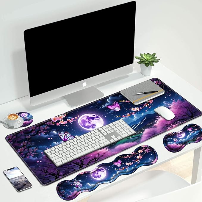 4 in 1 Ergonomic Keyboard Wrist Rest & Mouse Pad Wrist Rest Set Large XXL Gaming Desk Mat 31.5x 11.8 with Non-Slip Base Memory Foam for Home Office Study Gaming Moon Cherry Blossom Butterfly