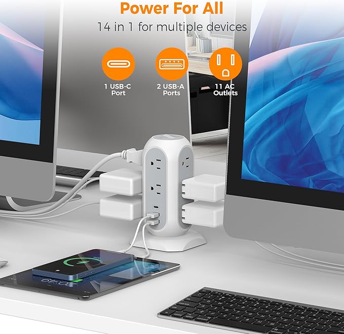 TESSAN Tower Power Strip Flat Plug with 1050J Surge Protection, 6 Ft, Grey
