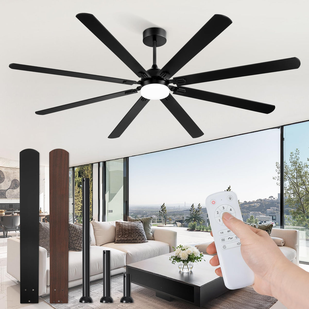 Fanbulous 84 Inch Ceiling Fans with Lights, Black Modern Ceiling Fan with Remote,Large Farmhouse Indoor & Outdoor Ceiling Fan wi