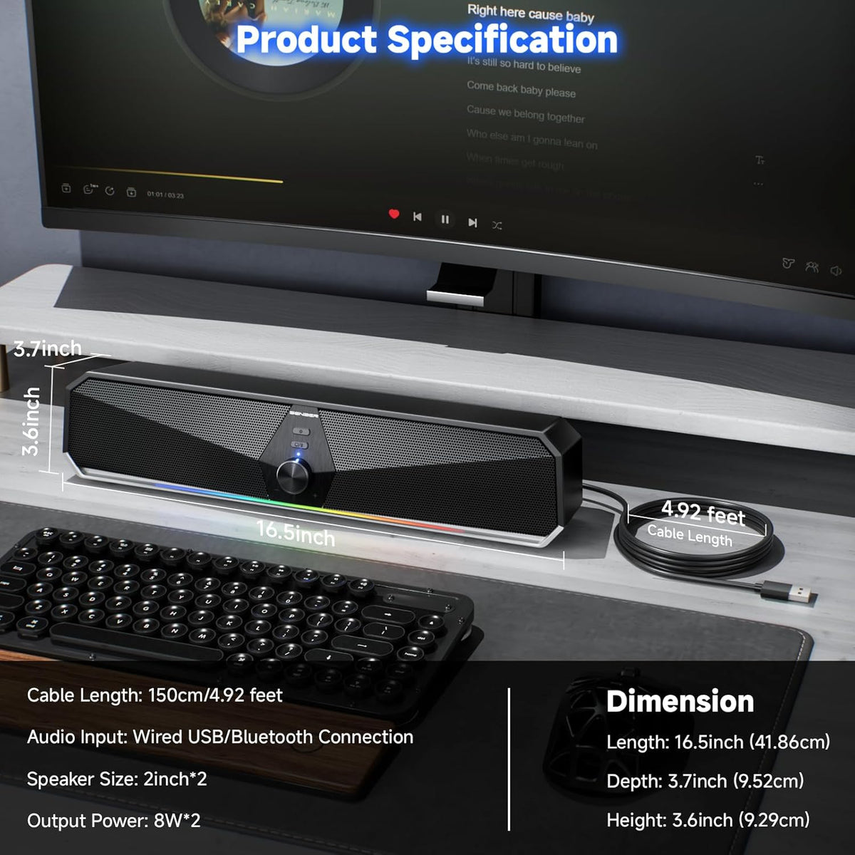 SENZER CS30 Bluetooth Computer Speakers for Desktop, USB Plug & Play PC Speakers with Dynamic LED Light, Stereo Sound Soundbar for Desktop Laptop Monitor (USB-C Adapter Included)