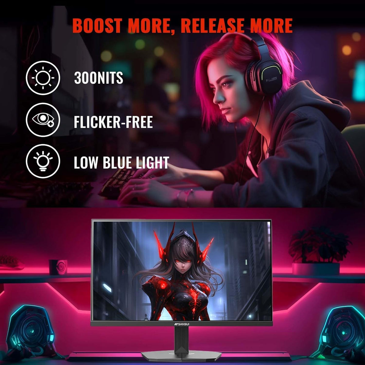 SANSUI 24 Inch Gaming Monitor 180Hz 1Ms FreeSync HDR 110% sRGB FHD 1080P Computer Monitor HDMI DP Ports Eye Care Frameless VESA Mount Cable Management (ES-G24F4L, HDMI Cable Included)
