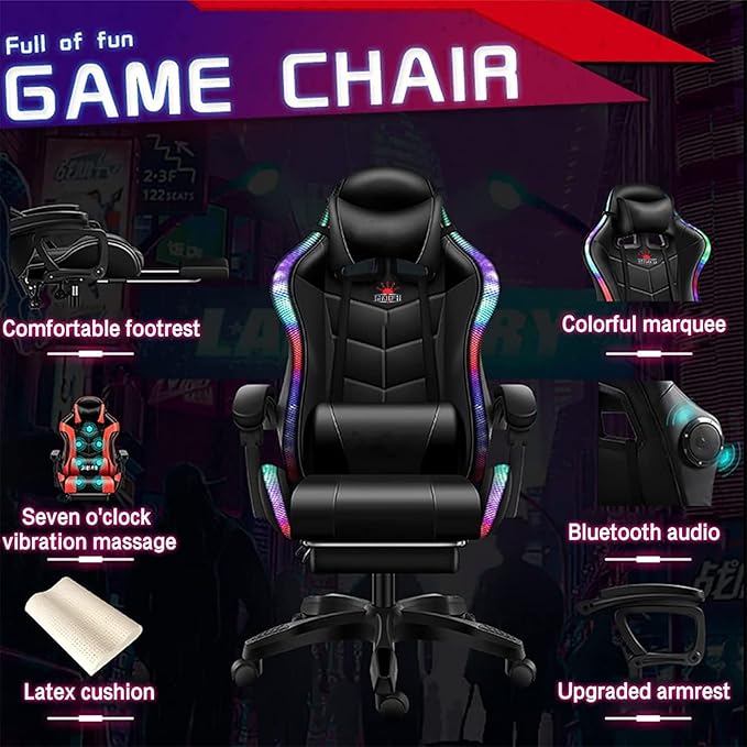 Gaming Chair with RGB LED Lights Video Game Chair Massage Gaming ChairAdjustable Reclining Office Swivel Chair Ergonomic High Back Computer ChairPink