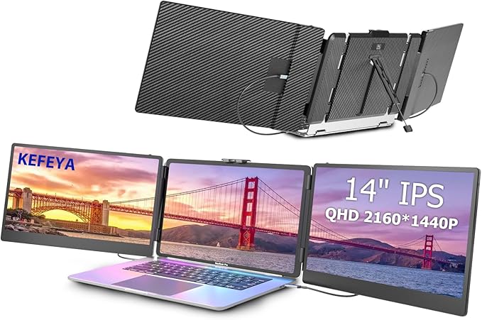 KEFEYA Laptop Screen Extender 14 Portable Monitor for Laptop 1440P QHD Triple Screen Monitor Extender for 13-17 Laptops HDMI/USB-C for MacBook Windows Chrome Switch Plug & Play