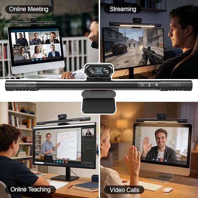 4-in-1 4K Webcam with Microphone and Speaker Noise Cancellation Privacy Cover Auto Light Correction 90° FOV Plug & Play USB Camera with Monitor Light Bar Webcam for PC/Meeting/Online Video