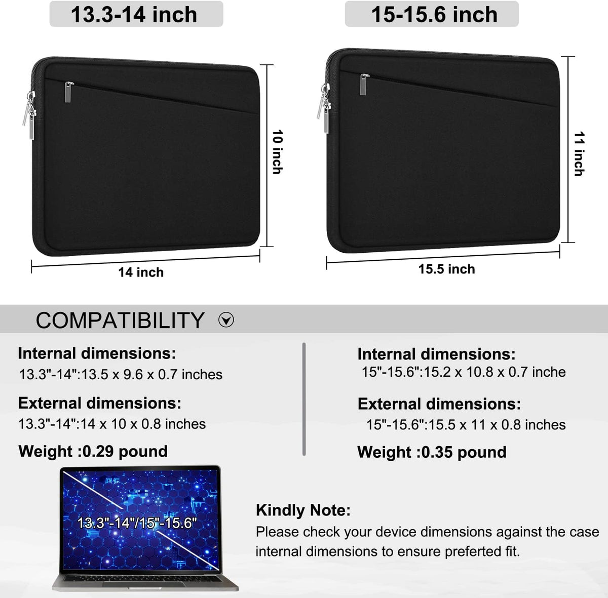 15.6 inch Laptop Sleeve, Durable Computer Carrying Bag Protective Case Briefcase Handbag with Front Pocket, Slim Cover for 15-16 Inch HP, Dell, Lenovo, Asus, Notebook, Black