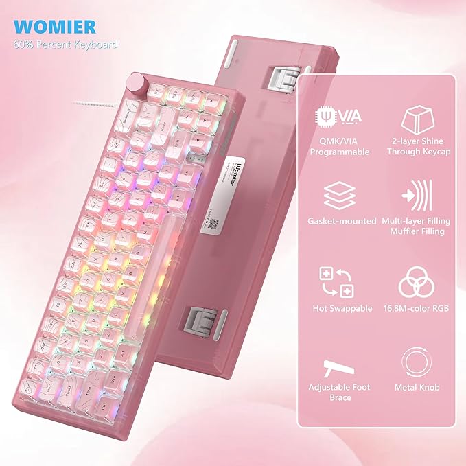 Womier 60% Percent Keyboard Pink Mechanical QMK/VIA Creamy Gaming Keyboard Topographic Hot Swappable Gasket Mount RGB Wired Key Board & Translucent Keycaps(VK66 PRO)