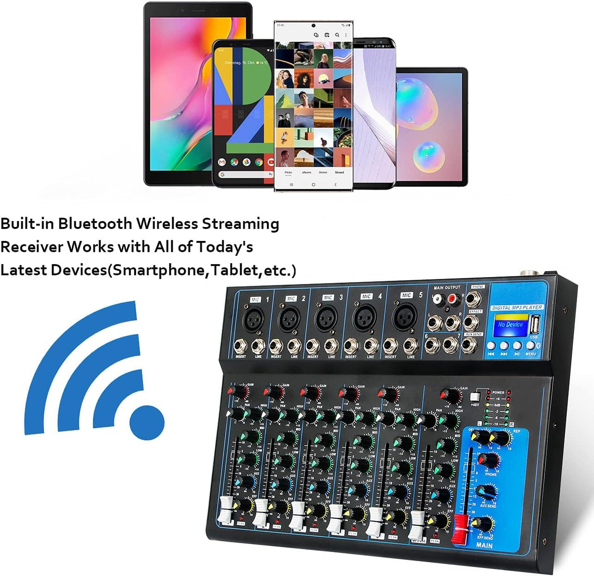 Depusheng HT7 Bluetooth Portable Audio Mixer w/USB DJ Sound Mixing Console MP3 Jack 48V Power for Computer Recording, 7-Channel Bands Mixing Boards For Studio Recording