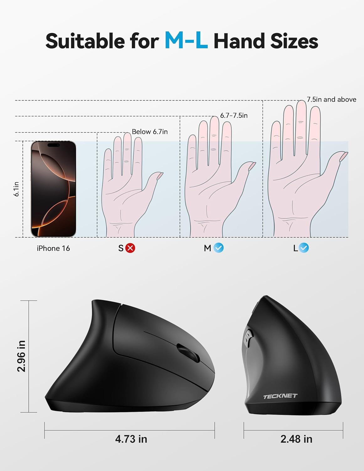 TECKNET Ergonomic Mouse with Jiggler, Bluetooth Wireless Vertical Mouse, 4800DPI Rechargeable Carpal Tunnel Mouse, Undetectable Random Movement Keeps Computers Awake for PC, Laptop