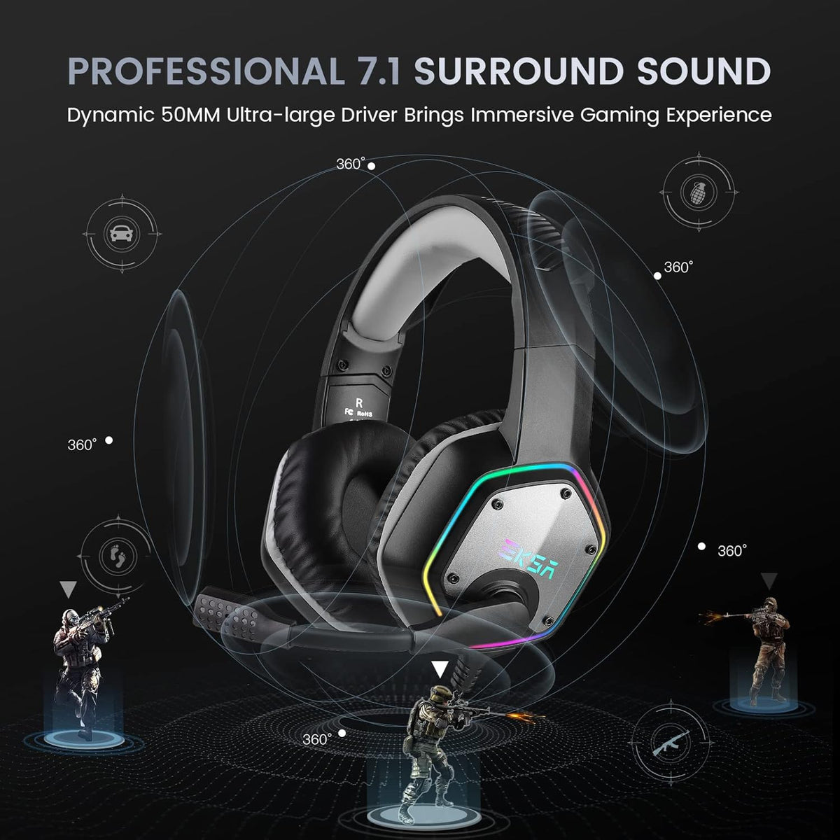EKSA E1000 USB Gaming Headset for PC, Computer Headphones with Microphone/Mic Noise Cancelling, 7.1 Surround Sound, RGB Light - Wired Headphones for PS4, PS5 Console, Laptop, Call Center