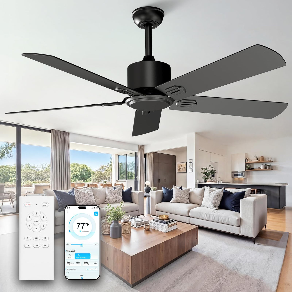 Obabala 52 Inch Ceiling Fan No Light, Modern Black Ceiling Fan Without Light with Remote & APP, Quiet Reversible DC Motor, 6-Spe