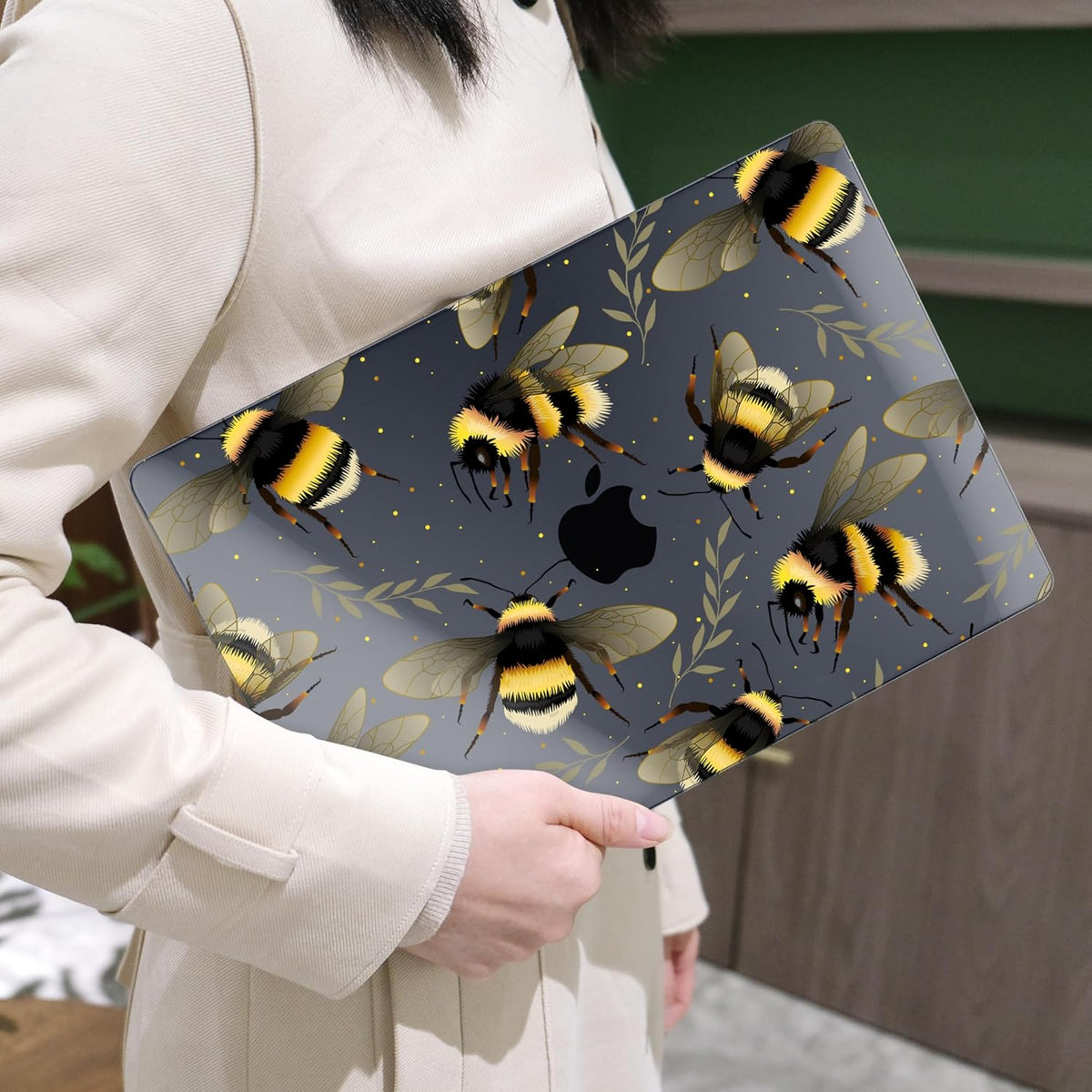 MEEgoodo for MacBook Air 13.3 inch Case 2021 2020 2019 2018 A2337 M1 A2179 A1932, Laptop Shell with Keyboard Webcam Cover & Trackpad Film & Type C Adapter for MacBook Air M1, Bumblebee & Leaves