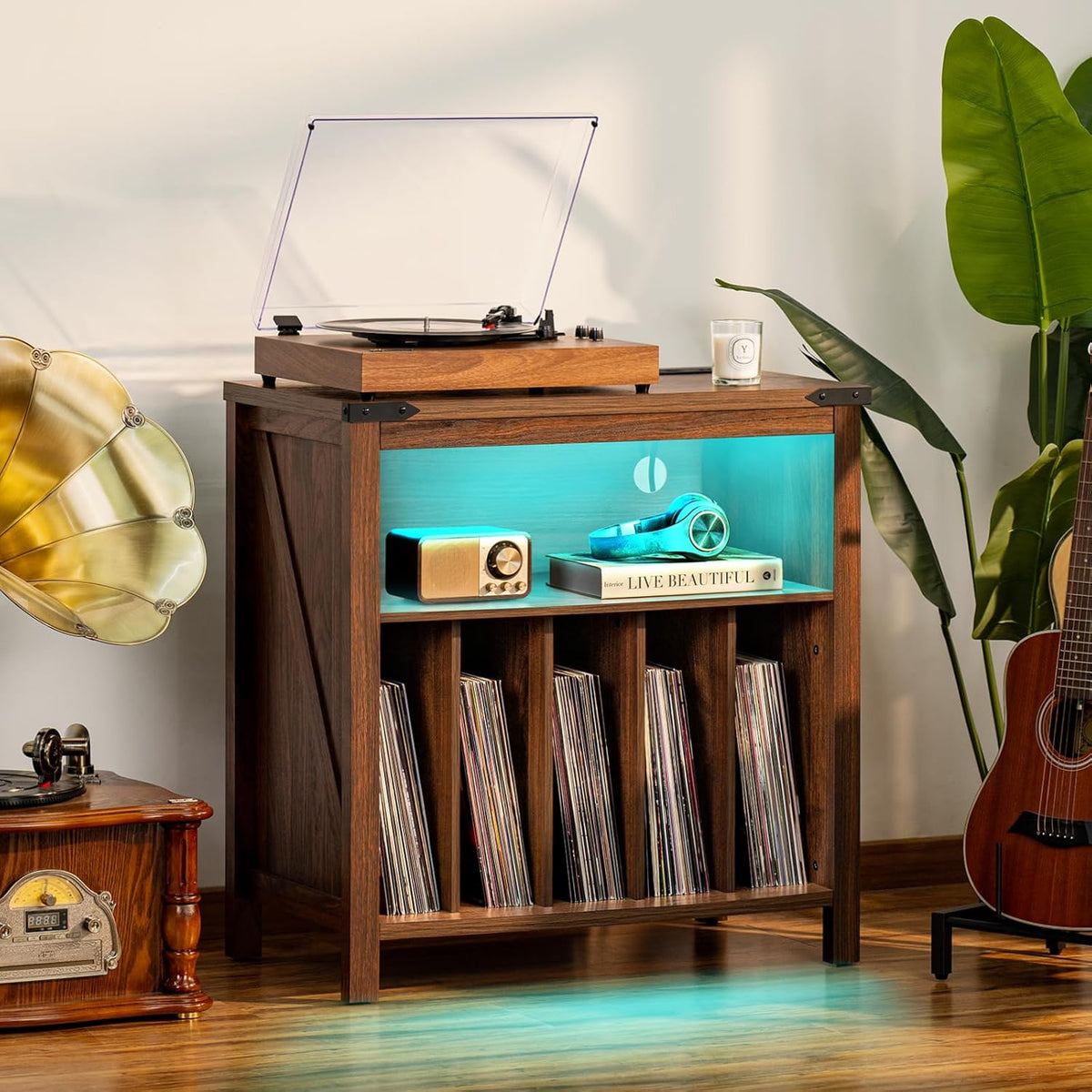 Large Record Player Stand with Charging Station & LED Lights, Vinyl Records Storage Holder Cabinet Holds up to 230 Albums, Turntable Stand for Music Room, Bedroom, Living Room, Office (Brown)
