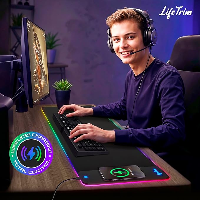 Wireless Charger LED Mousepad 35.5 x 12 Inch RGB Gaming Mouse Pad 10 Light Modes 4mm Thick Large Desk Pad Wireless Charging Cool Mouse Pad for PC Accessories & Gaming Gifts