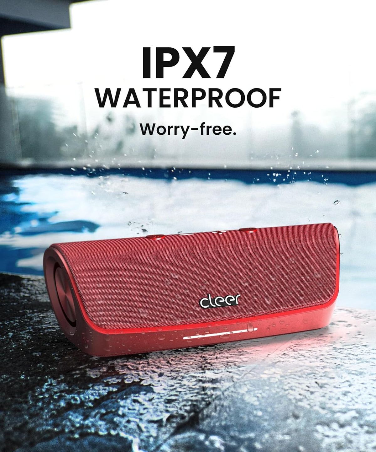Cleer Scene Portable Bluetooth Speaker,IPX7 Waterproof,Powerful Sound and Deep Bass,Built-in Echo and Noise Canceling Microphone,12 Hours Battery,for Office,Home,Outdoors and Travel-Red
