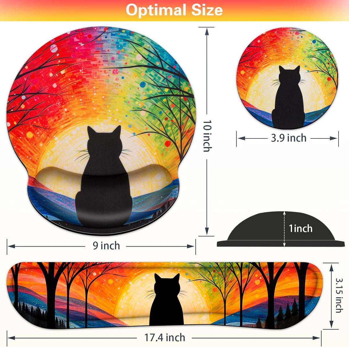Mouse Pad with Wrist Rest Cute Black Cat Set,Qomolama 3-in-1 Wrist Support Mouse Pad Set,Gaming Mousepad with Anti-Skid Base,Ergonomic Mouse Pad,Memory Foam Keyboard Gel Wrist Rest Anime