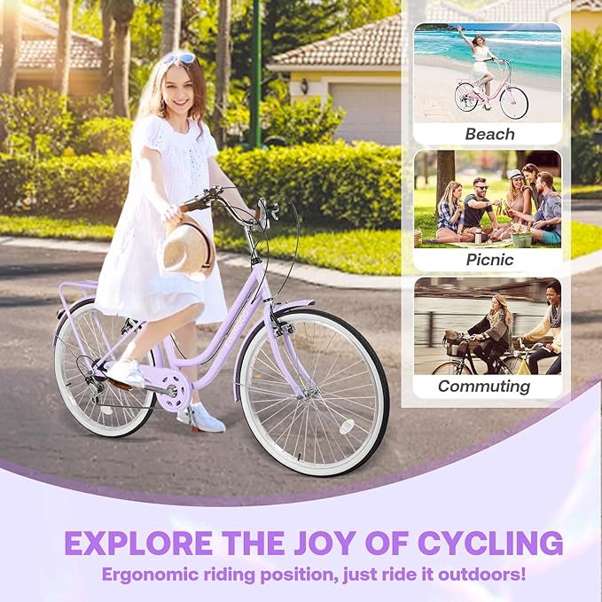 26 Women's Cruiser Bike 7-Speed City Bike Duable Bar Featuring Convenient Basket & Rack Perfect Adult Bicycle for Commuting Leisure and Stylish Comfortable Rides Purple