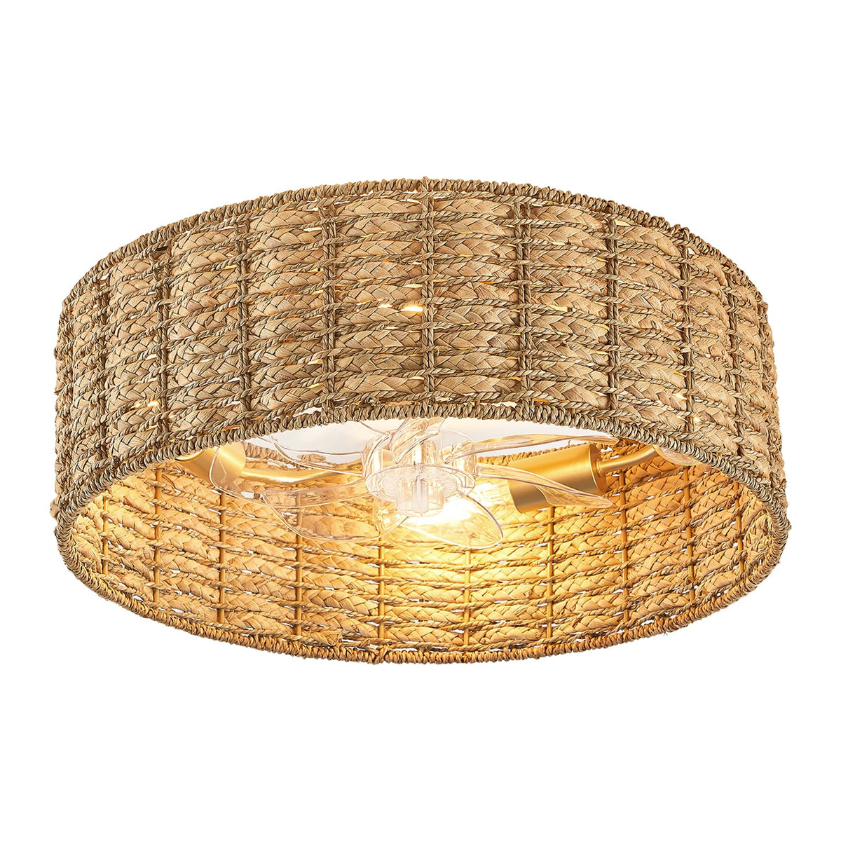 Boho Ceiling Fans with Lights Enclosed Rattan Fandelier with Lights and Remote Low Profile Flush Mount Wicker Caged Ceiling Fan