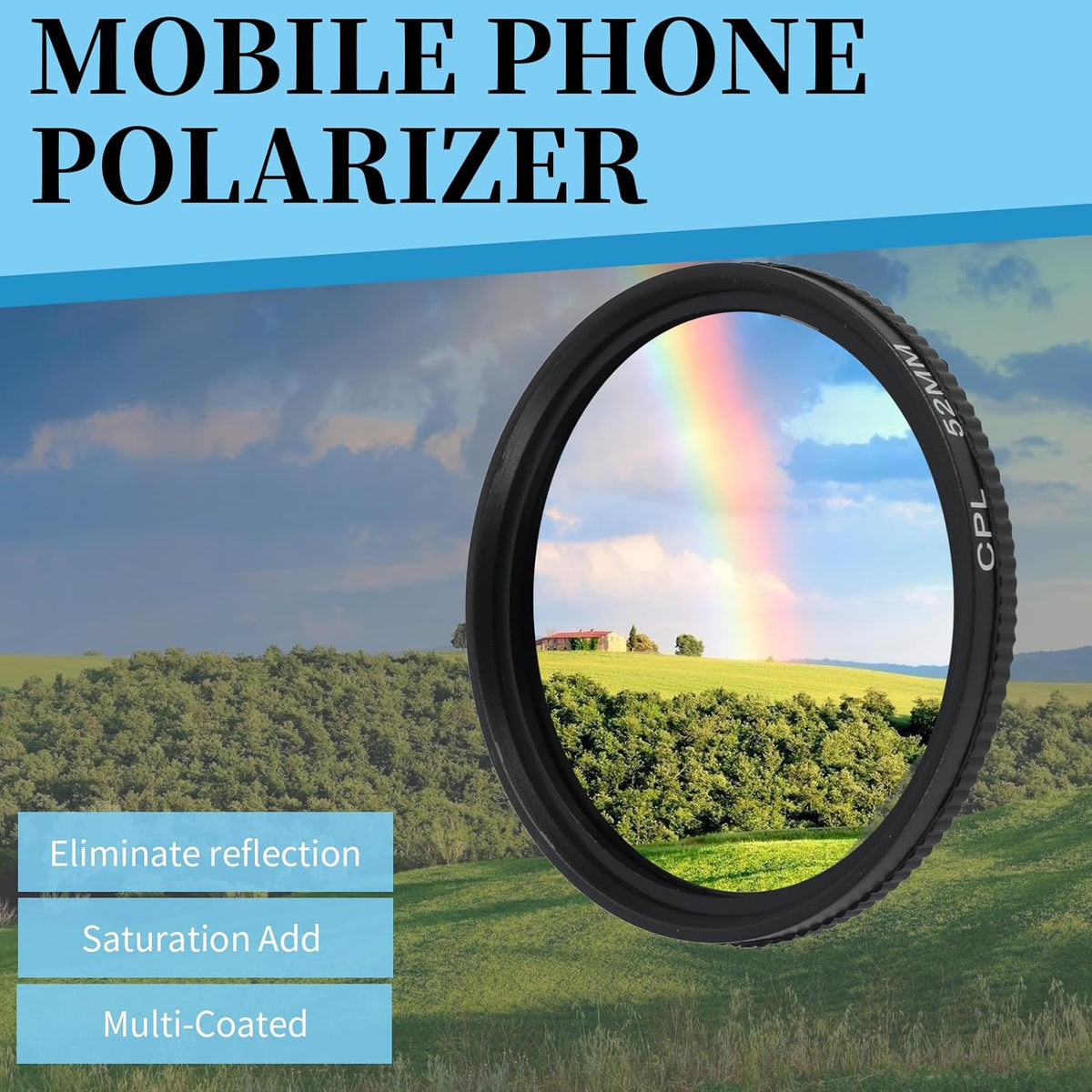 52mm CPL Filter for Phone Camera Clip Kit, Universal Phone Polarizing Filter Attachment Compatible with iPhone 16/15 / 14/13 Series, Polarizer to Enhance Vibrant Color and Reduce Glare