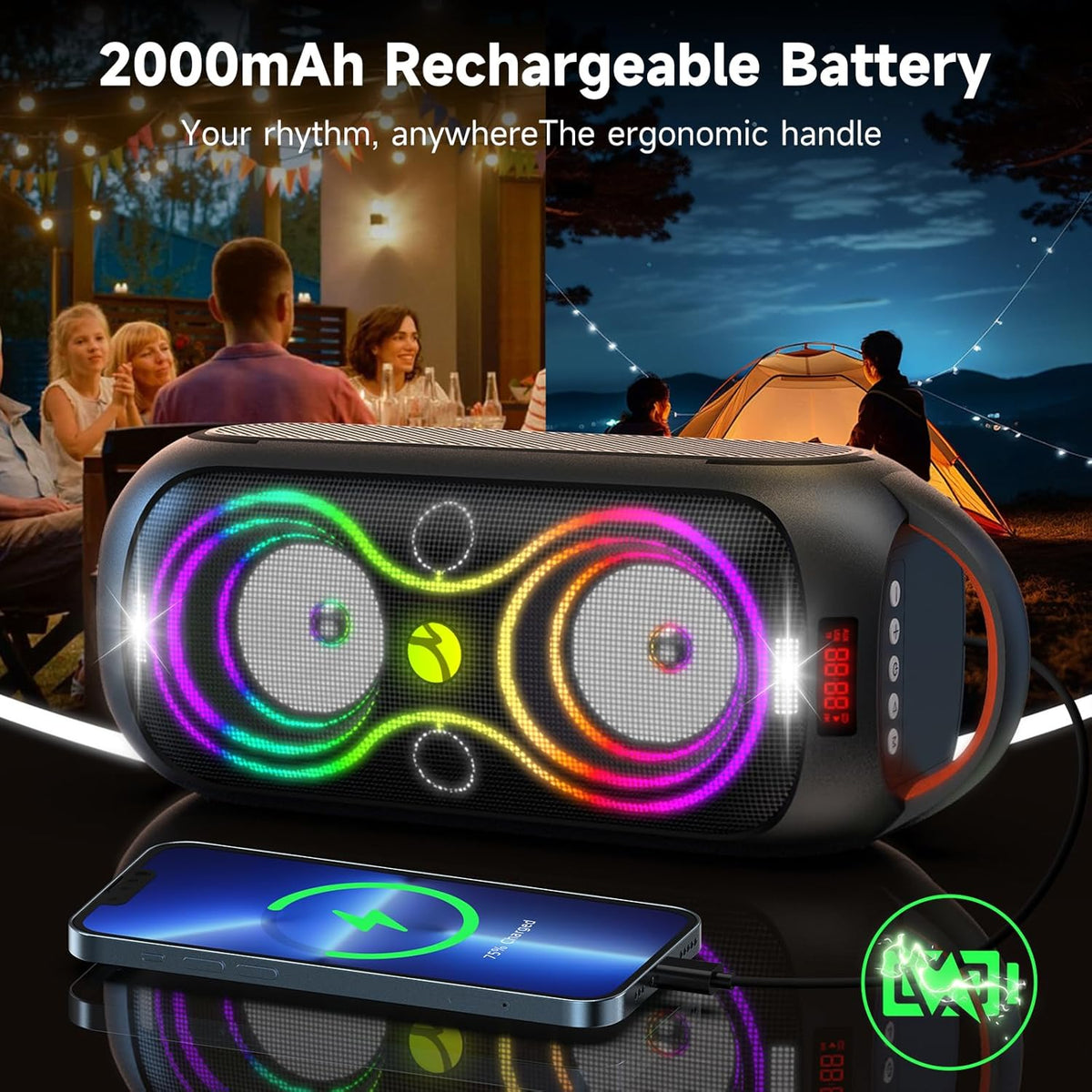 Portable Bluetooth Speaker 120dB Loud with Beat-Sync LED Lights & Dual 4-inch Speakers – 5 RGB Modes + 8 Colors, Bluetooth 5.3, USB/TF/AUX/FM/Mic, TWS Pairing – for Outdoor, Party, Camping & Beach