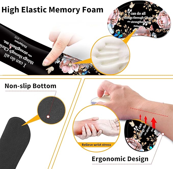 Extended Large Mouse Pad Set 31.5 x 15.7 – Christian Floral All-in-One Desk Set with Keyboard Wrist Rest Mouse Wrist Rest & Coaster Ergonomic Desk Accessories for Women Faith-Inspired Office Gi