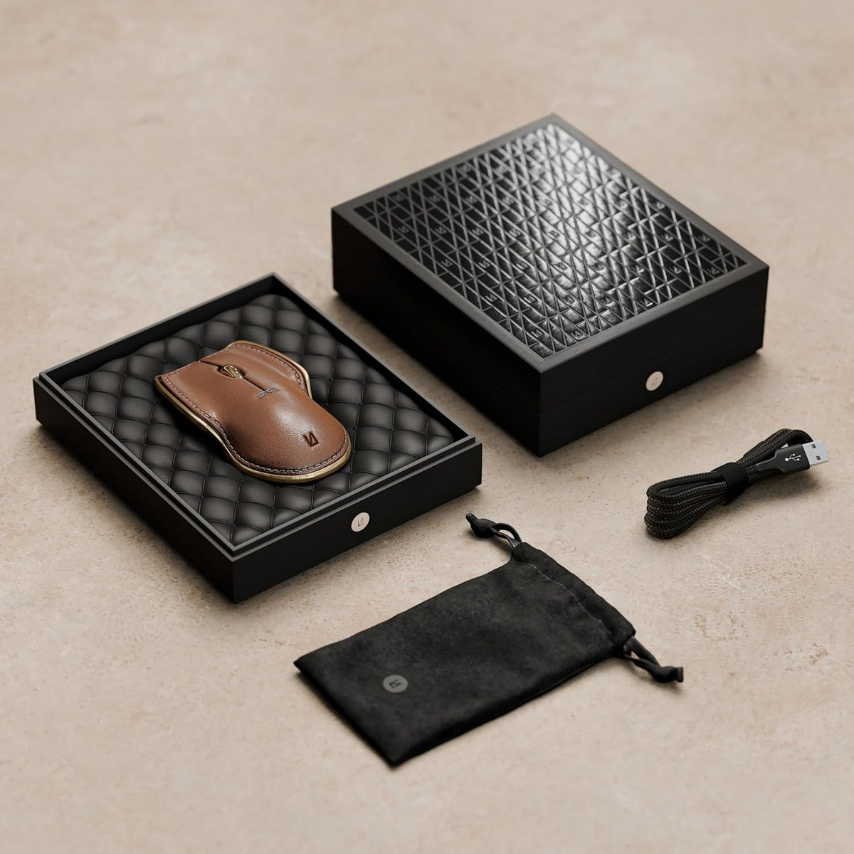 LUNAR ARTEFACTS Ambidextrous Rechargeable Bluetooth Wireless Computer Mouse Brown French Leather and Gold Tone Plated Aluminum, Qi Enabled USB-C