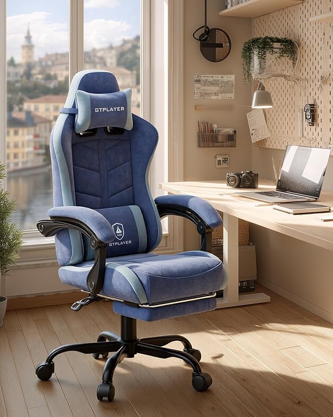 GTPLAYER Gaming Chair with Footrest Computer Gaming Chair for Adults and Kids Height Adjustable Gamer Chair with 90-155° Recline & Removable Headrest Lumbar SupportPerformance Fabric Blue
